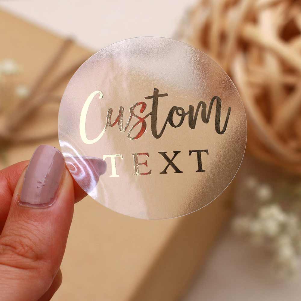 Personalized clear label sticker with custom text in gold foil - XOXOKristen