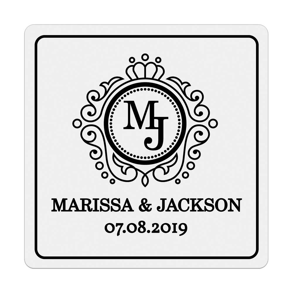 Custom wedding sticker with ornaments and monogram initials. Entirely personalized clear gold foiled label.