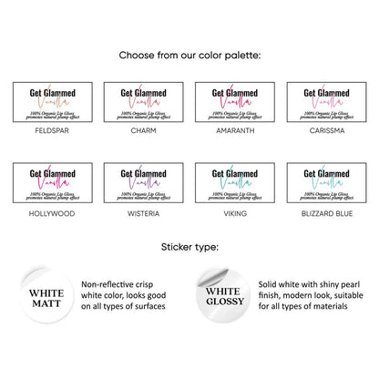 Custom lip gloss labels with elegant white design and colorful brand name in hand-lettered typography - XOXOKristen