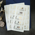 Clear Personalized rectangular gold foiled weddinf favor stickers with initials and leaf ornaments