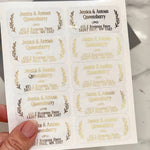 XOXOKristen sheet of personalized address labels with laurel leaf accents, available in black ink, gold foil, rose gold foil, and silver foil finishes - XOXOKristen