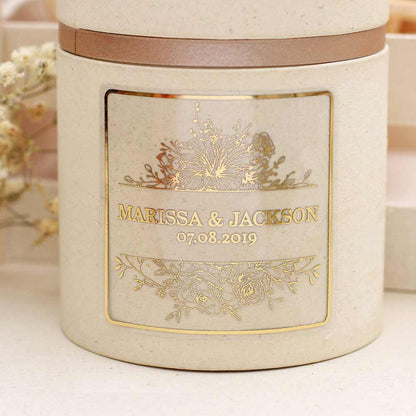 Custom floral wedding sticker with real gold foil lettering. Entirely personalized clear label.
