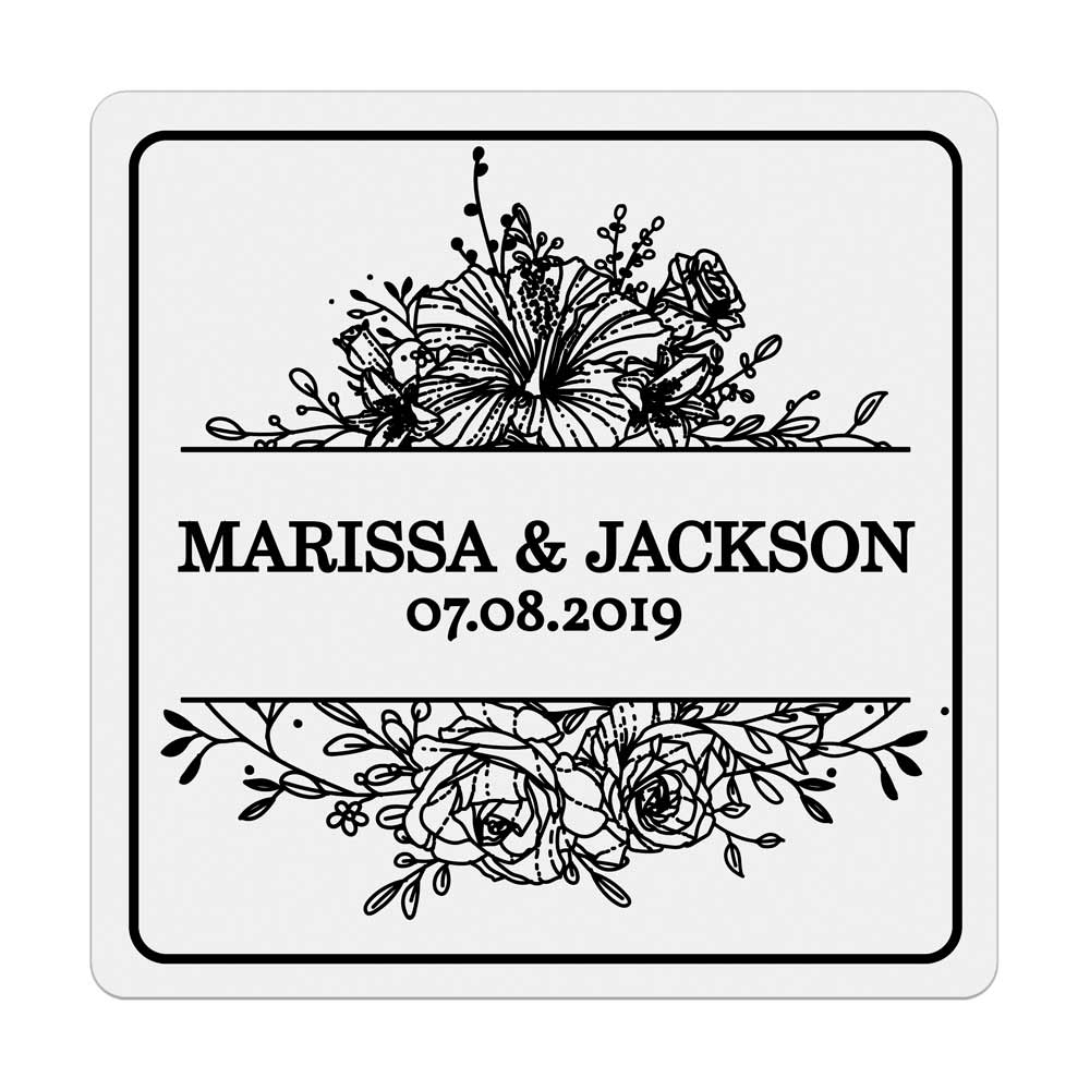 Custom floral wedding sticker with real gold foil lettering. Entirely personalized clear label.