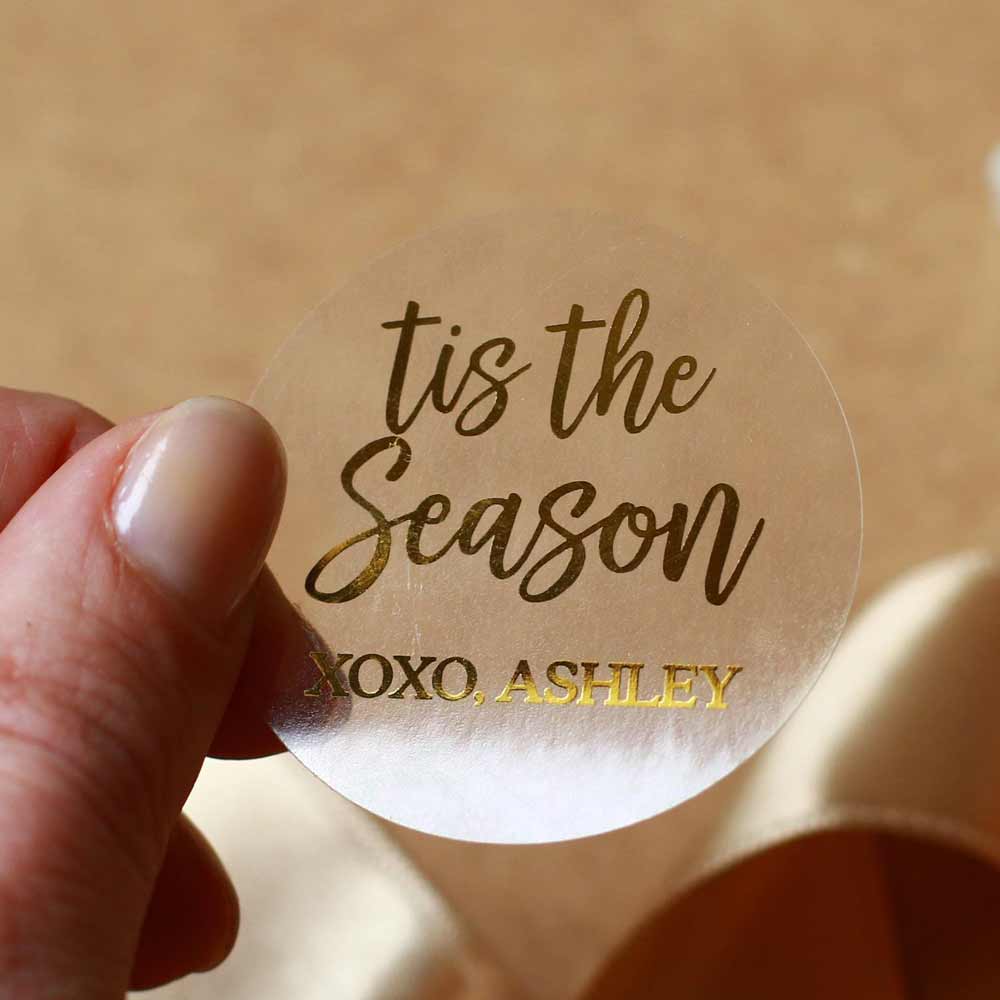 Tis the season personalized clear gold foiled Christmas sticker - XOXOKristen