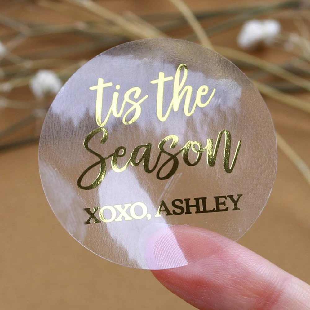 Tis the season personalized clear gold foiled Christmas sticker - XOXOKristen