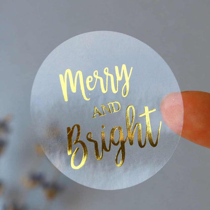 Merry and Bright gold foiled clear sticker for Christmas gifts and favors - XOXOKristen