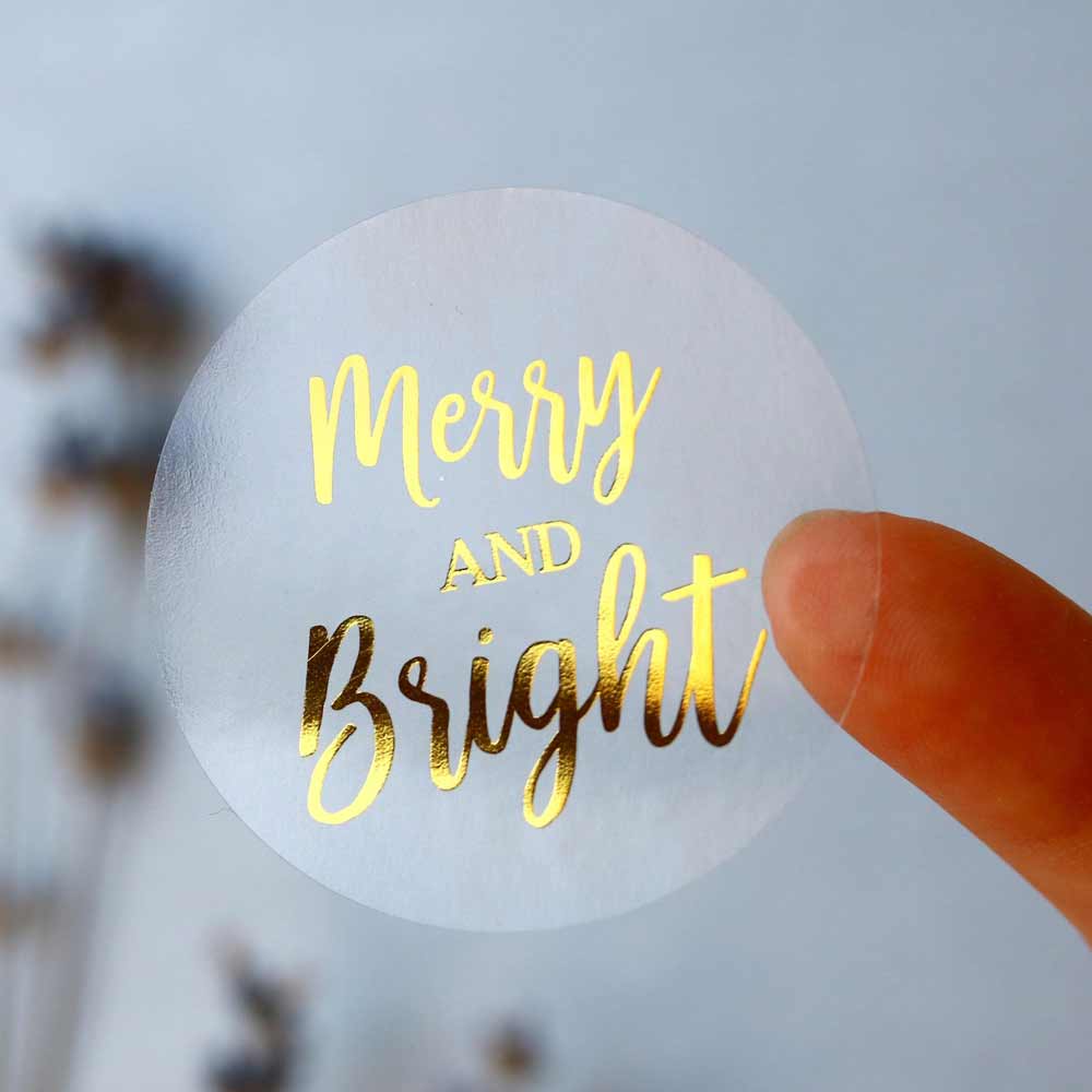 Merry and Bright gold foiled clear sticker for Christmas gifts and favors - XOXOKristen