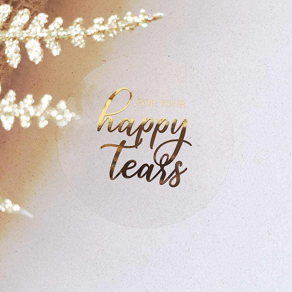 Custom gold foiled wedding confetti sticker with real gold foil lettering. Entirely personalized clear labels. 