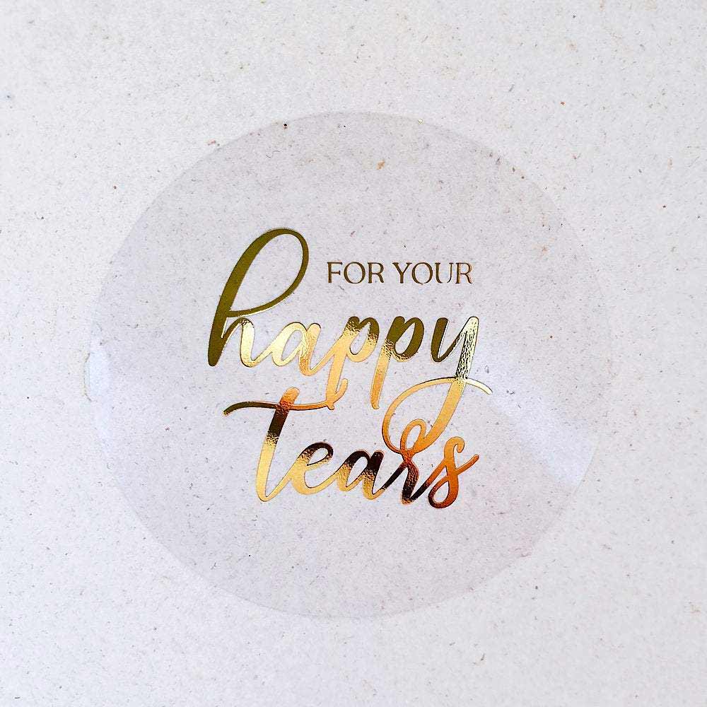 Custom gold foiled wedding confetti sticker with real gold foil lettering. Entirely personalized clear labels. 
