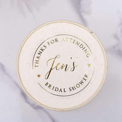 Custom gold foiled bridal shower stickers with hearts and real gold foil lettering. Entirely personalized clear labels.  