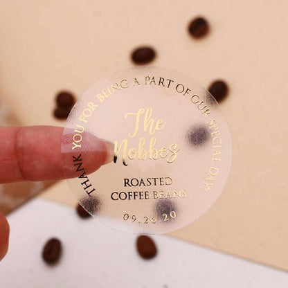 Custom gold foiled wedding for your happy tears sticker with real gold foil lettering. Entirely personalized clear labels. 