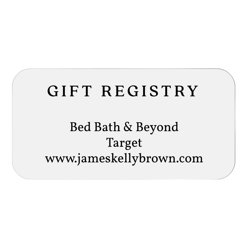 Custom wedding girt registry sticker with real gold foiled lettering. Entirely personalized clear label.