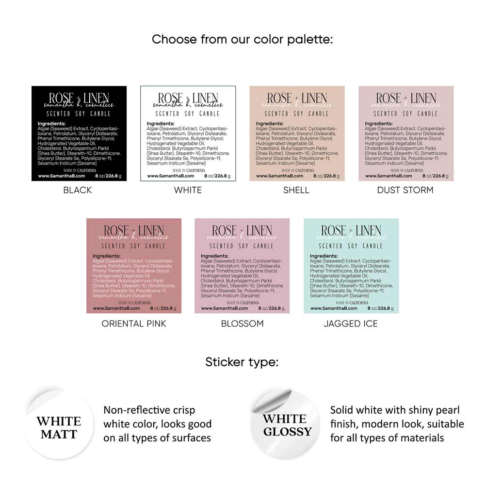 Custom ingredients labeling sticker, waterproof, vinyl square label in elegant designs – XOXOKristen