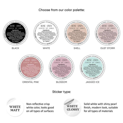 Custom ingredients labeling sticker, waterproof, vinyl round label in elegant designs – XOXOKristen
