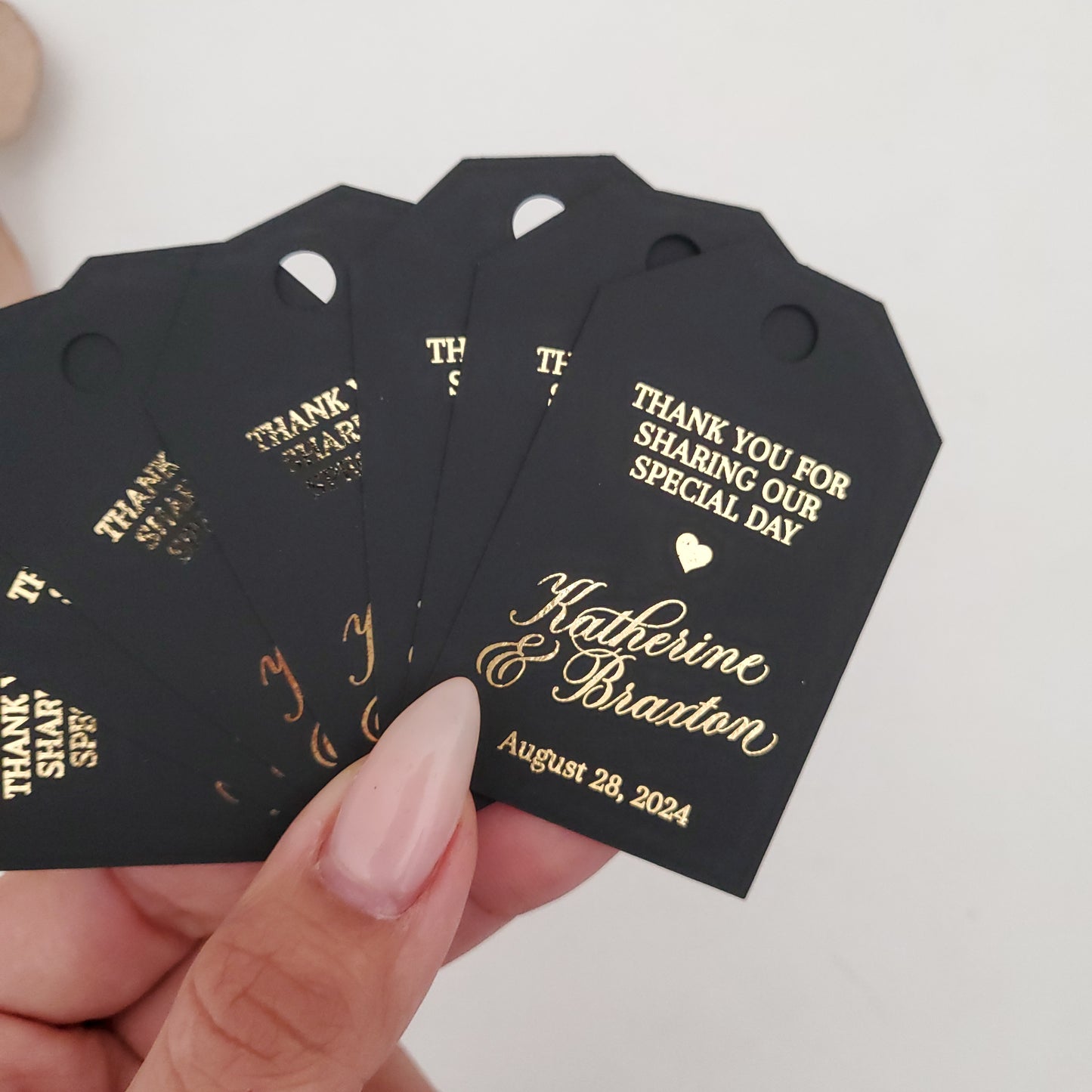 Thank you for celebrating with us gold foiled wedding favor tags - XOXOKristen