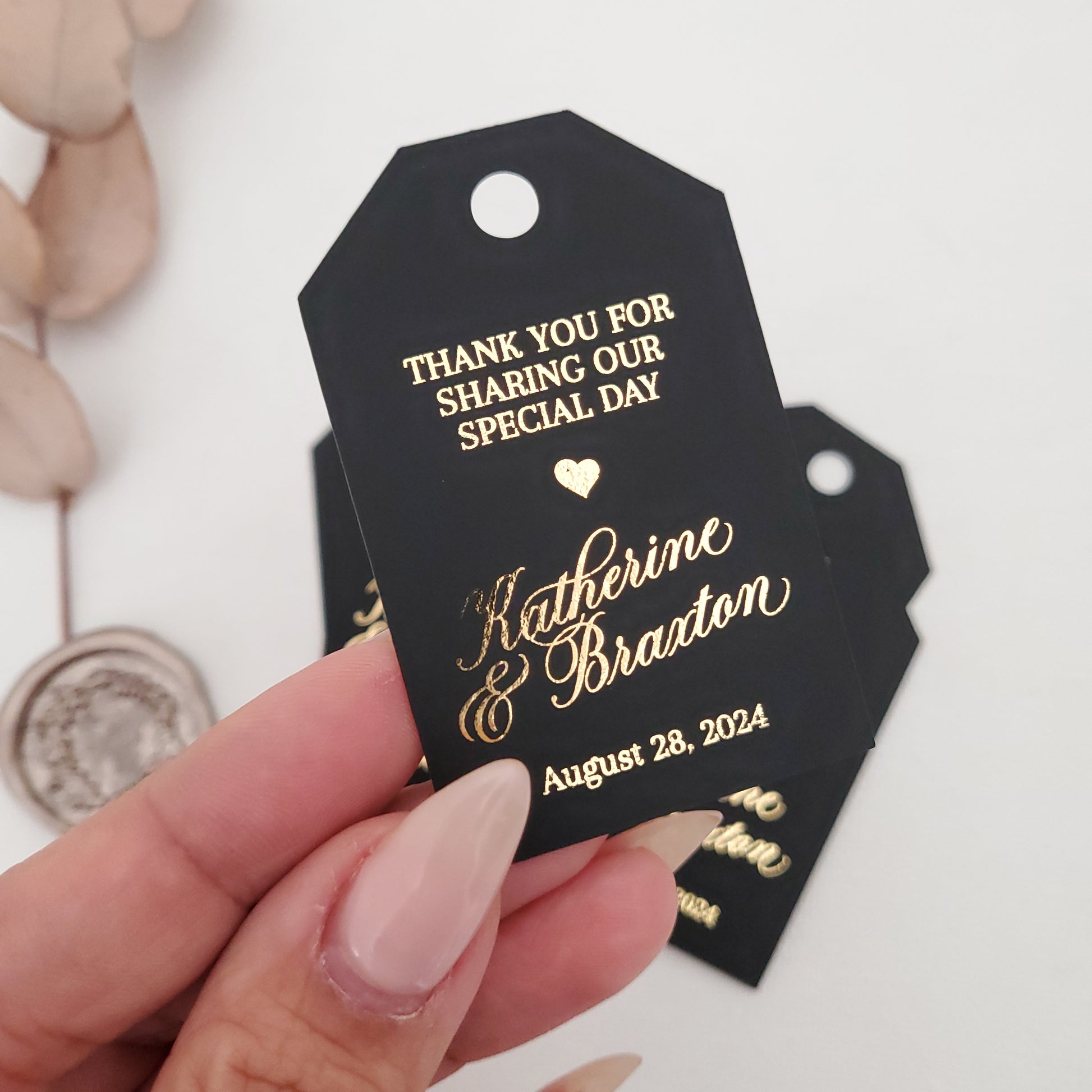 Thank you for celebrating with us gold foiled wedding favor tags - XOXOKristen