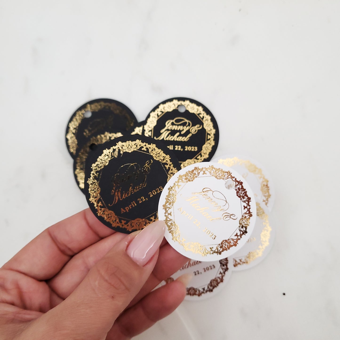 round custom wedding favor tags with gold frame - XOXOKristen