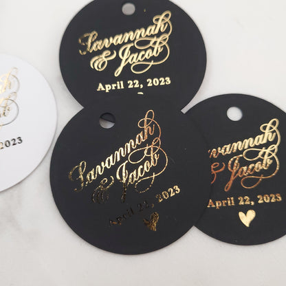 round custom gold foiled wedding favor tags in black -  XOXOKristen