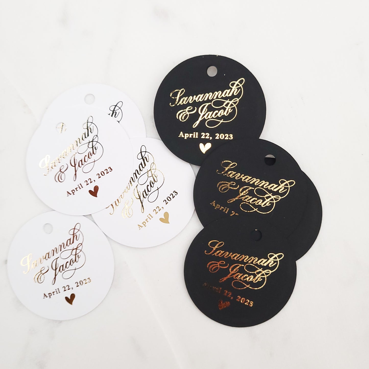 round custom gold foiled wedding favor tags in black -  XOXOKristen