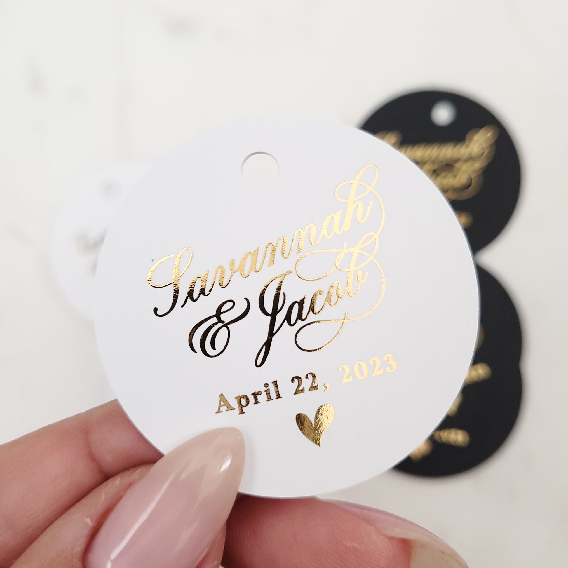 round custom gold foiled wedding favor tags in black -  XOXOKristen