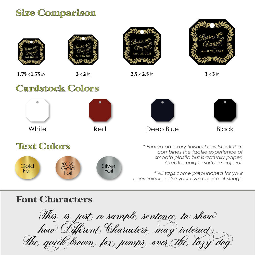 octagon shaped wedding favor tags with gold foiled text - XOXOKristen