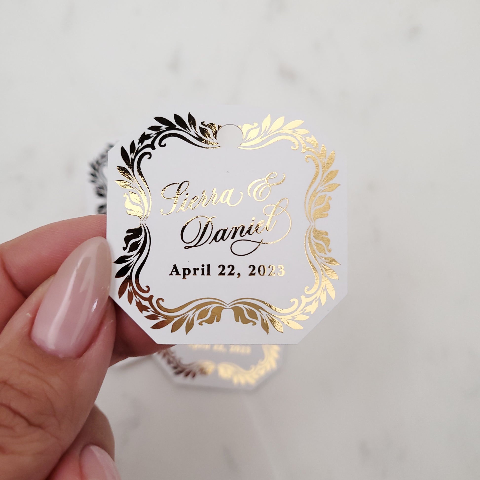 octagon shaped wedding favor tags with gold foiled text - XOXOKristen