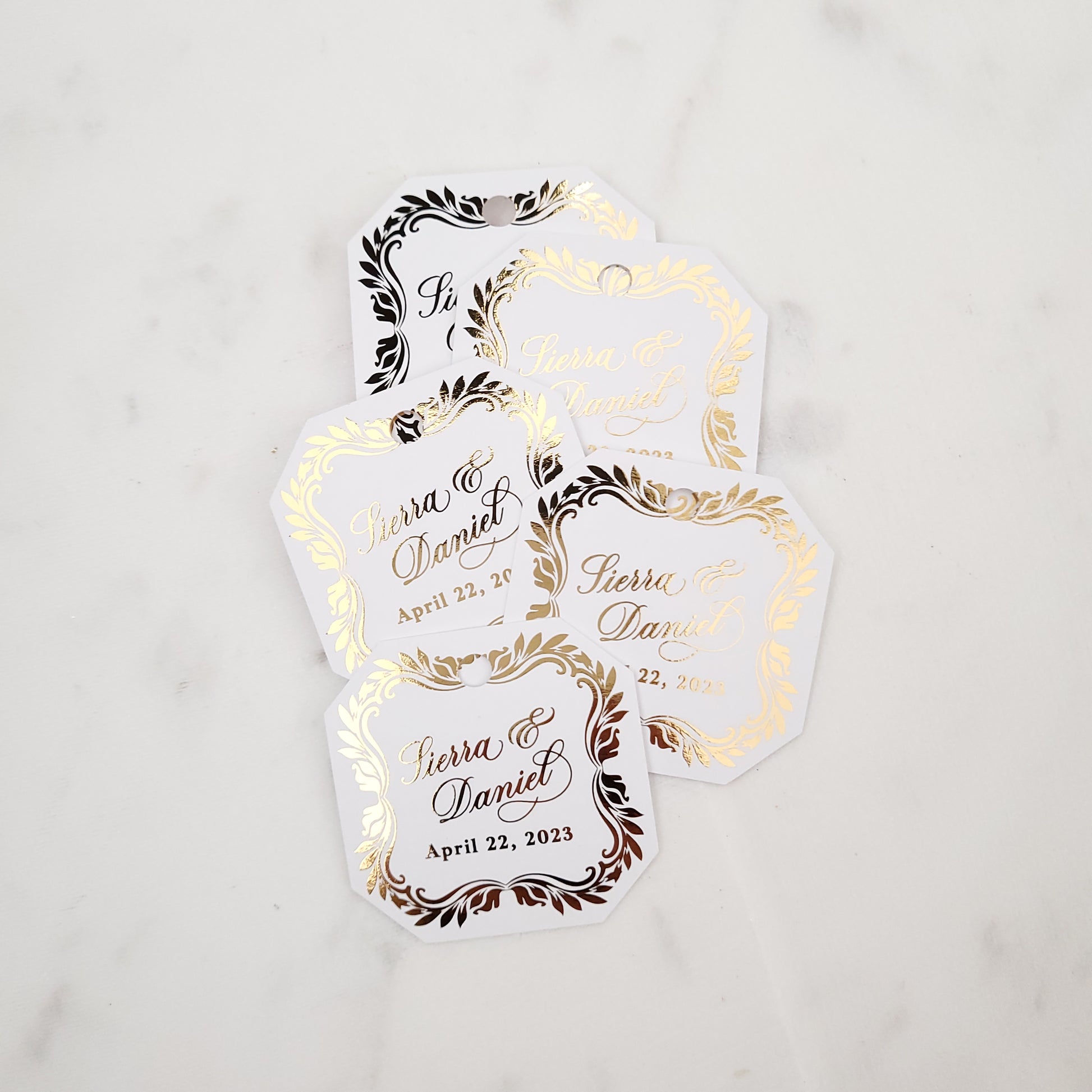 octagon shaped wedding favor tags with gold foiled text - XOXOKristen