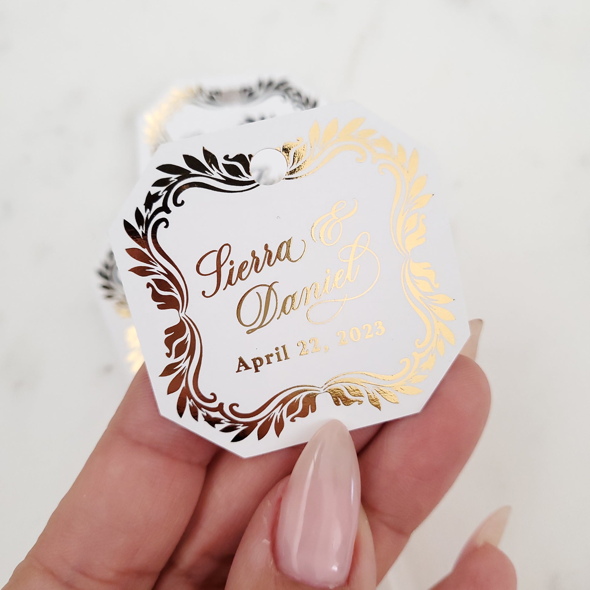 octagon shaped wedding favor tags with gold foiled text - XOXOKristen