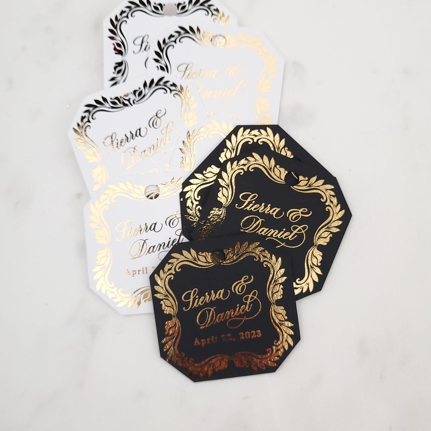 octagon shaped wedding favor tags with gold foiled text - XOXOKristen