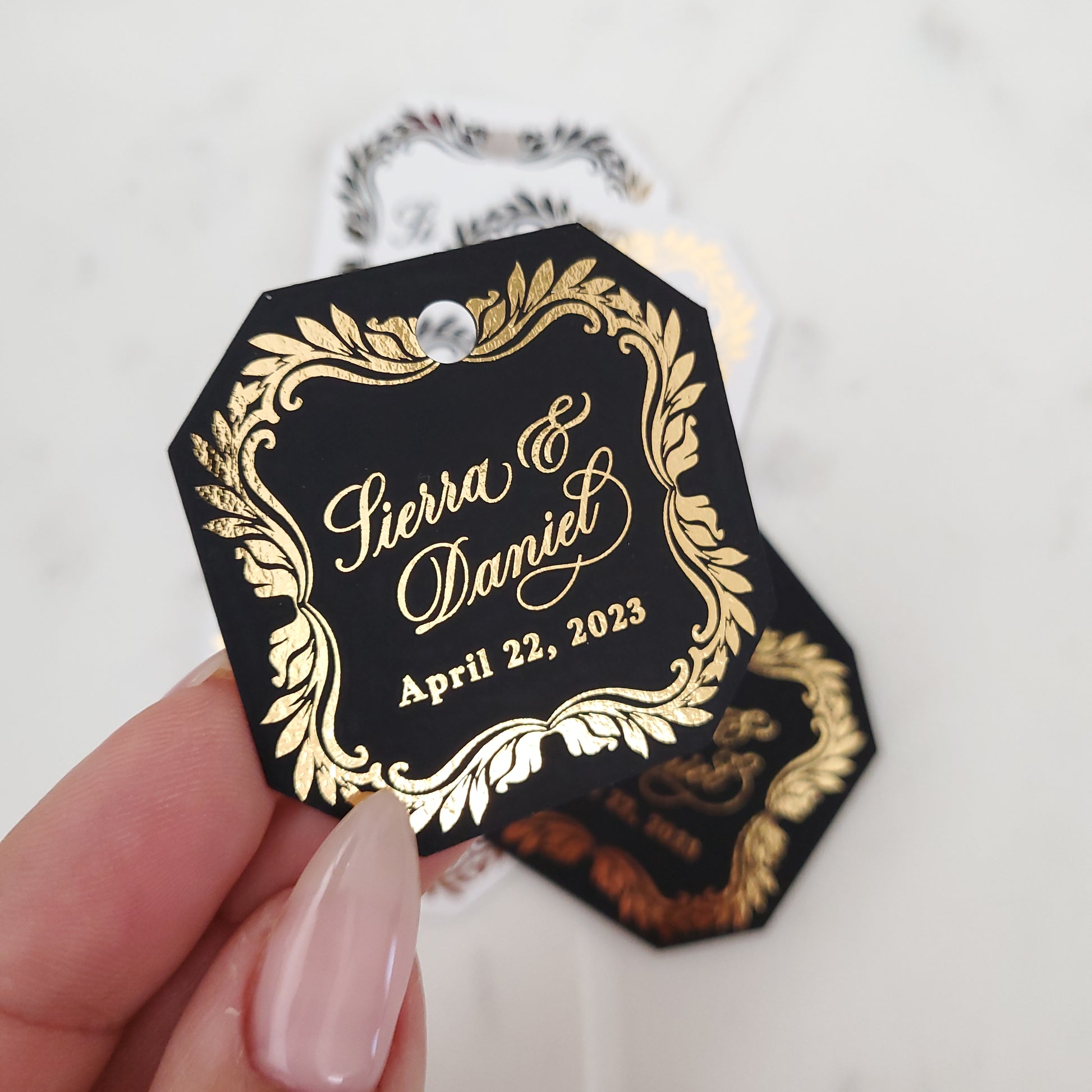 octagon shaped wedding favor tags with gold foiled text - XOXOKristen