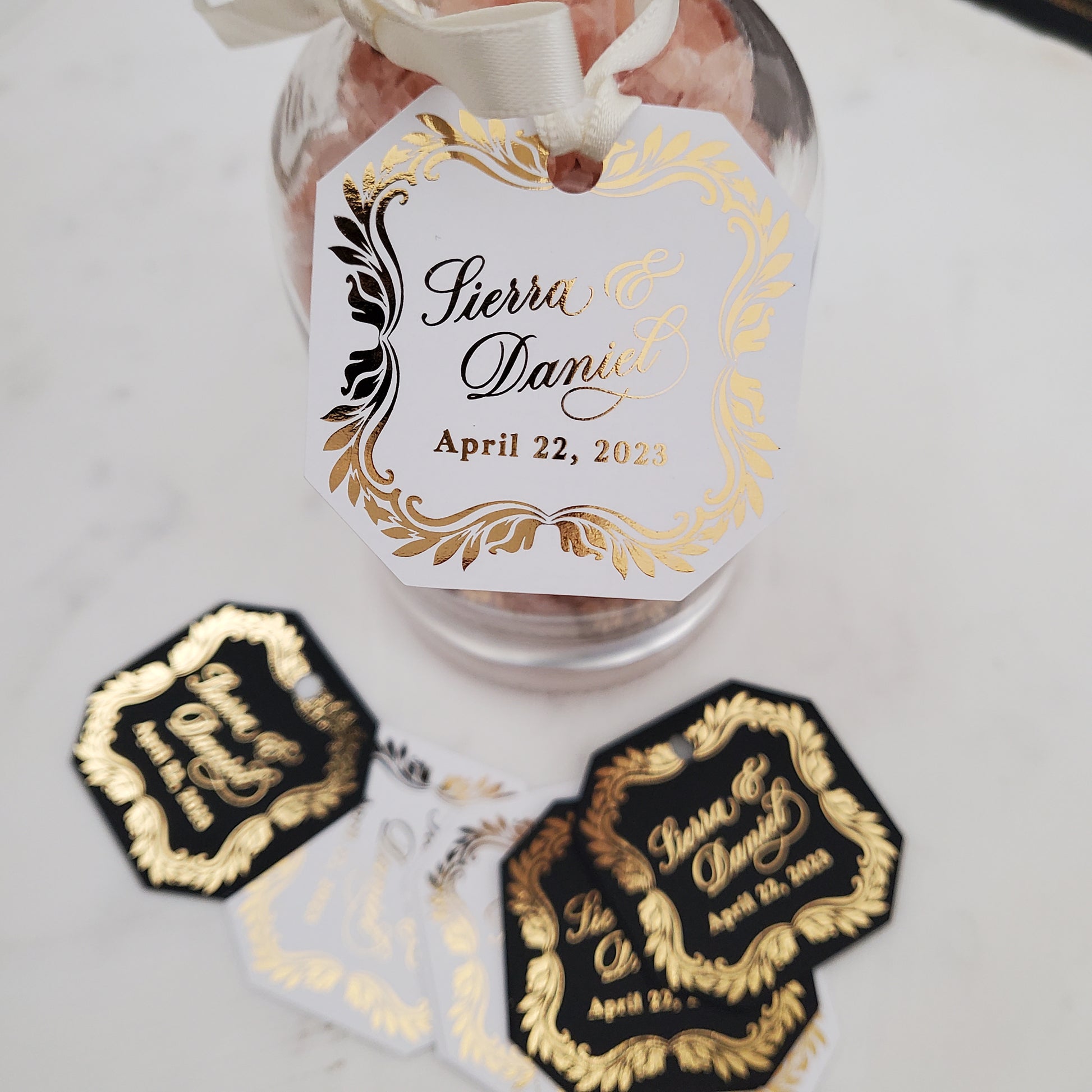 octagon shaped wedding favor tags with gold foiled text - XOXOKristen