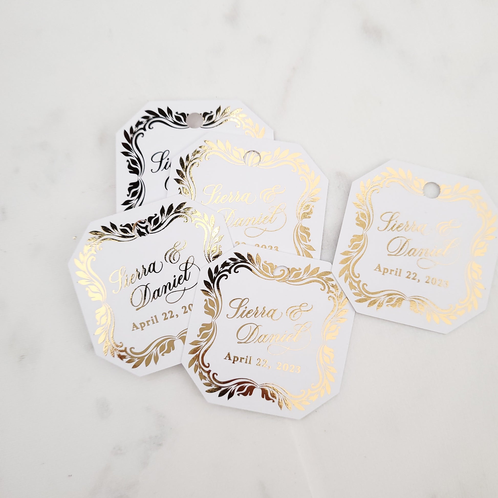 octagon shaped wedding favor tags with gold foiled text - XOXOKristen