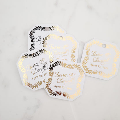 octagon shaped wedding favor tags with gold foiled text - XOXOKristen