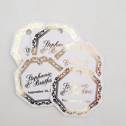 luxurious gold foiled octagon shaped wedding favor tags - XOXOKristen