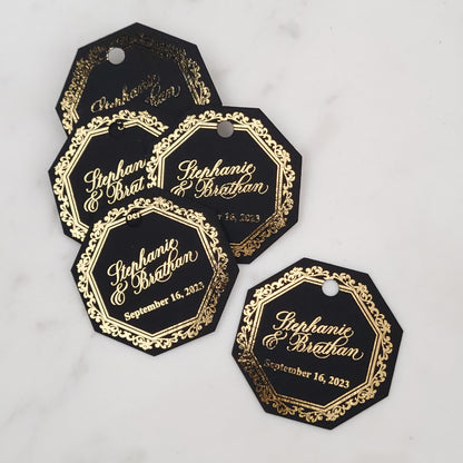 luxurious gold foiled octagon shaped wedding favor tags - XOXOKristen
