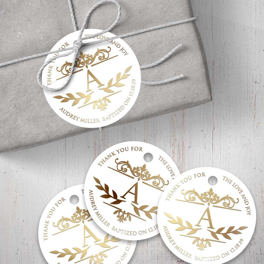 Baptism or Christening gold foiled initial favor tags - XOXOKristen
