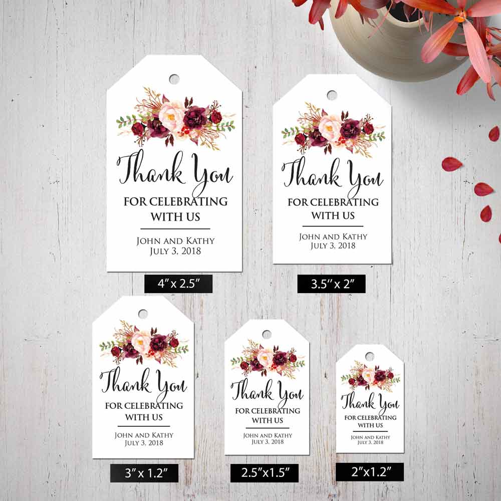 Personalized Wedding Favor Tags with Burgundy Flowers Bouquet. Custom Wedding Thatnk you tags - XOXOKristen