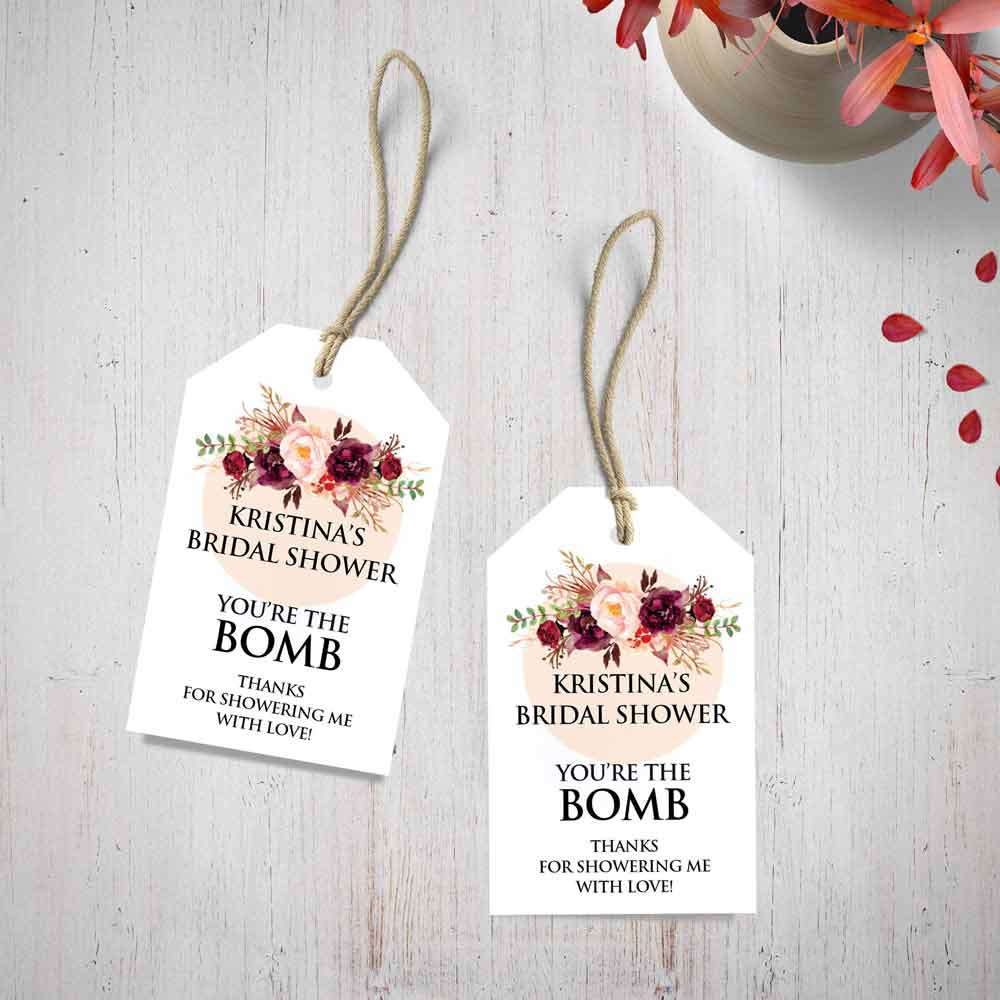 Personalized Bath Bomb Gift Tags. Custom Burgundy Bath Bomb Favor Labels - XOXOKristen