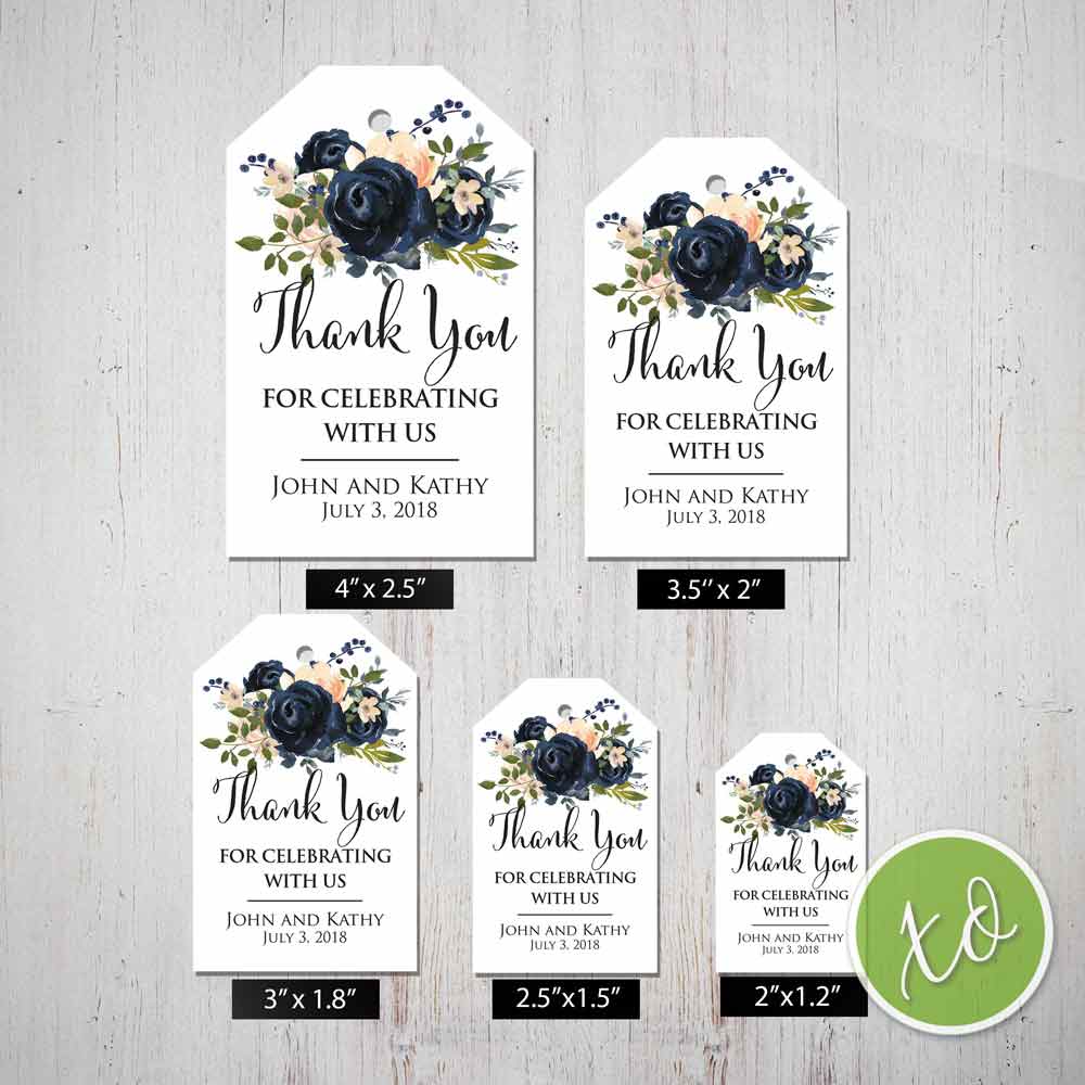 Personalized Navy and Blush Flowers Gift Tag. Custom favor Tag - XOXOKristen