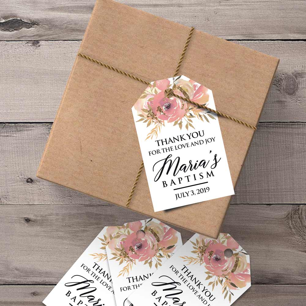 Personalized baptism & christening favors hang tag with rose gold flowers - XOXOKristen