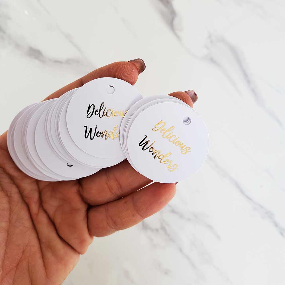 Round gold foiled tag with custom text - XOXOKristen