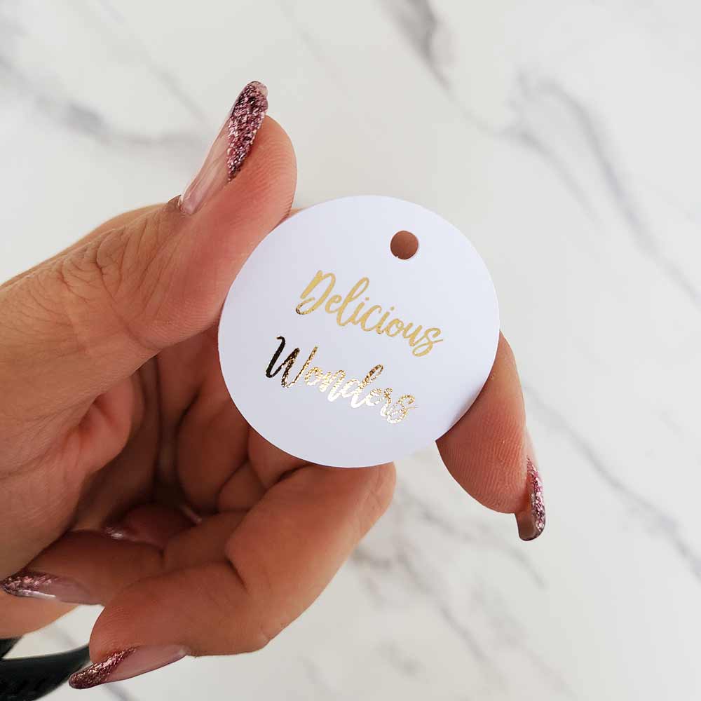 Round gold foiled tag with custom text - XOXOKristen