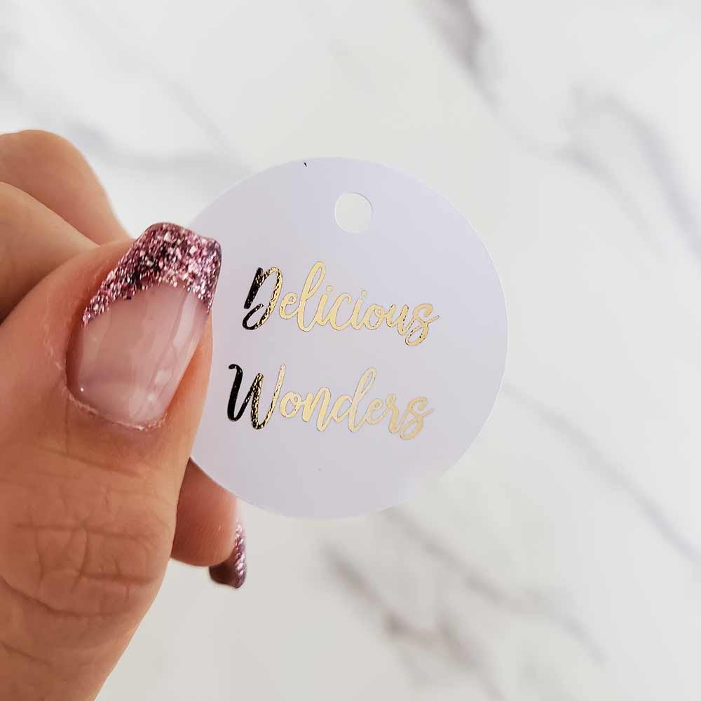 Round gold foiled tag with custom text - XOXOKristen