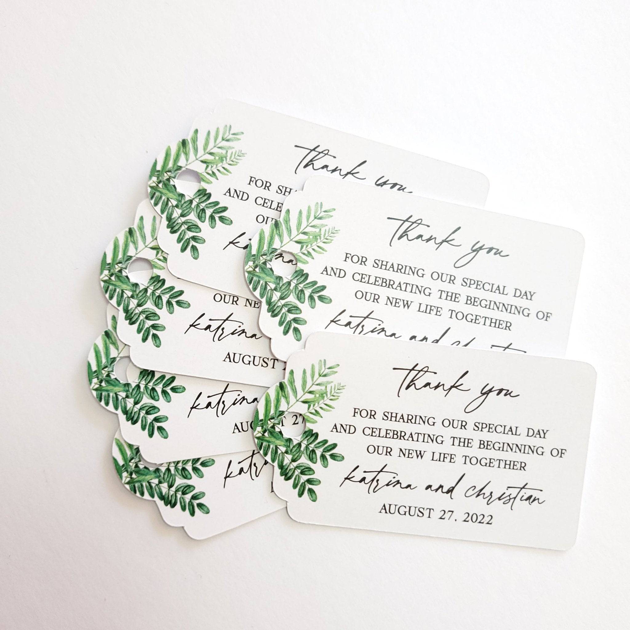 XOXOKristen Greenery Wedding Thank You Tag with printed text “Thank you for sharing our special day and celebrating the beginning of our new life together” — personalized and custom wedding favor tag with botanical greenery.