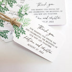 XOXOKristen Greenery Wedding Thank You Tag with printed text “Thank you for sharing our special day and celebrating the beginning of our new life together” — personalized and custom wedding favor tag with botanical greenery.