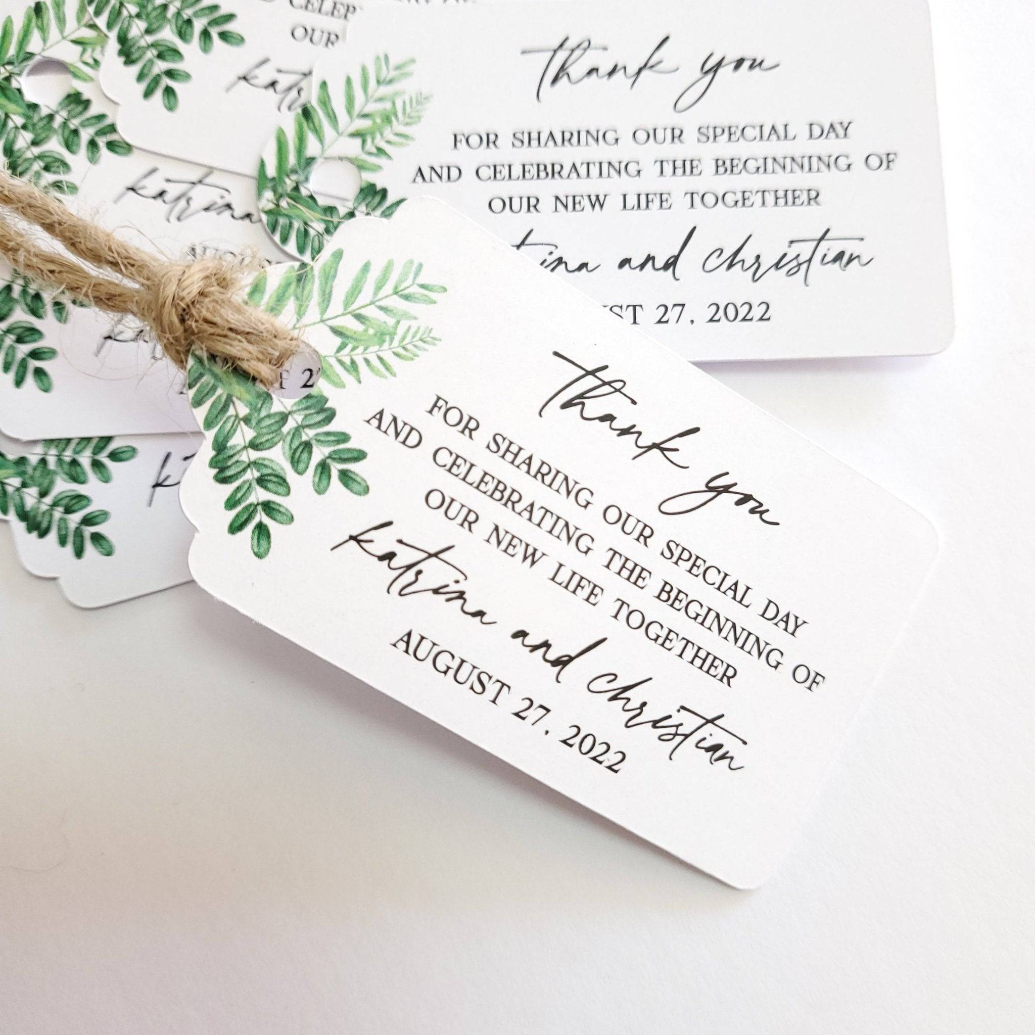 XOXOKristen Greenery Wedding Thank You Tag with printed text “Thank you for sharing our special day and celebrating the beginning of our new life together” — personalized and custom wedding favor tag with botanical greenery.