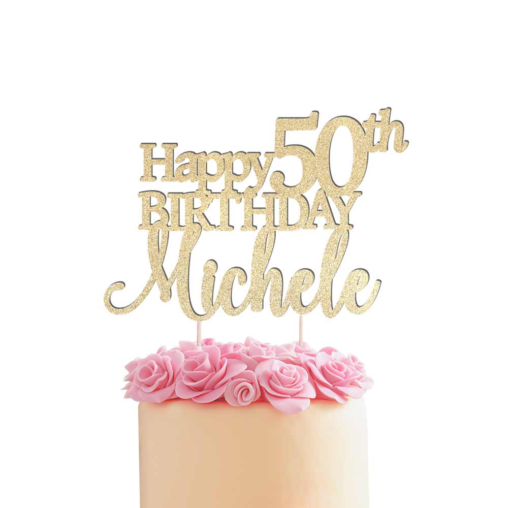 Personalized Happy 50th birthday cake topper. Gold glitter cake decoration - XOXOKristen