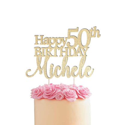 Personalized Happy 50th birthday cake topper. Gold glitter cake decoration - XOXOKristen