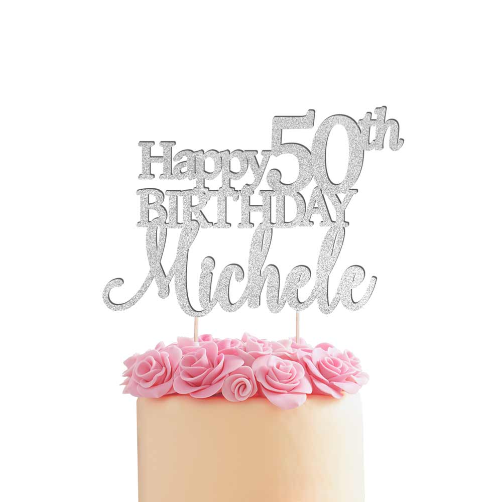 Personalized Happy 50th birthday cake topper. Silver glitter cake decoration - XOXOKristen