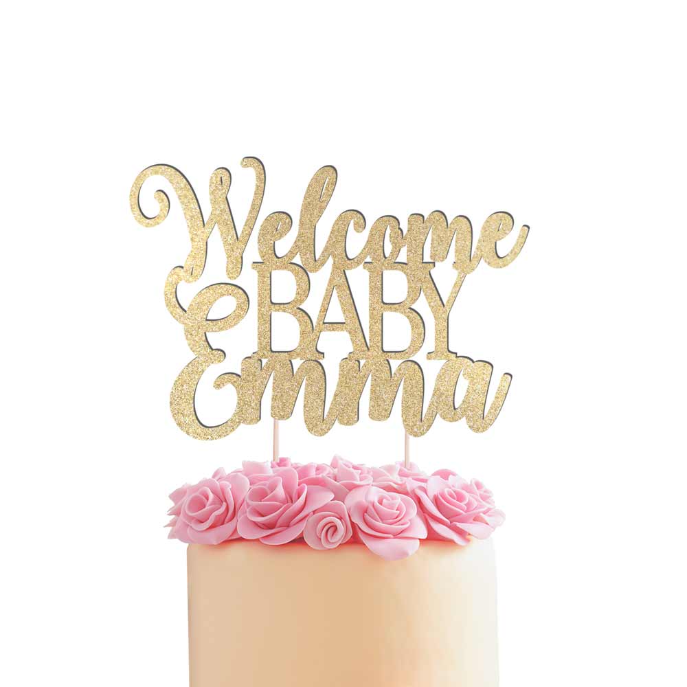 Personalized baby shower Welcome baby cake topper with name. Gold glittered cake decoration for baby shower, baptism or christening – XOXOKristen